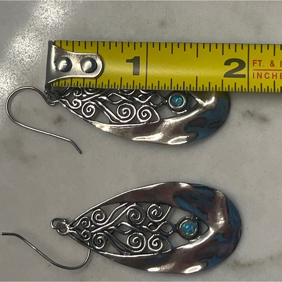 Sterling silver 925 with Opals drop fish hook earrings scroll + hammered details - Picture 9 of 10